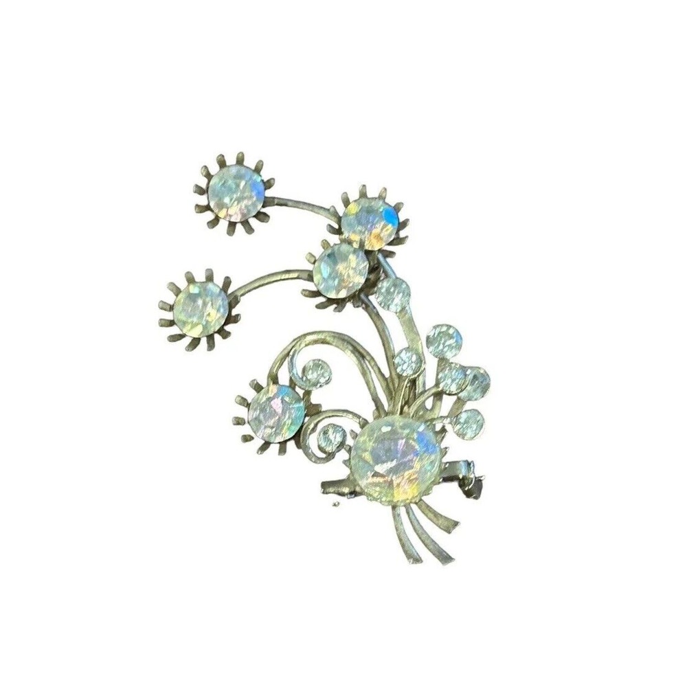 Vintage Brooch Art Deco Flower Stem Silver Tone Unsigned AB Faceted Rhinestones